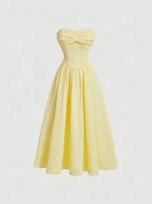 SHEIN MOD 女士純色無肩帶打結連衣裙 - 黃色 - 查看 1