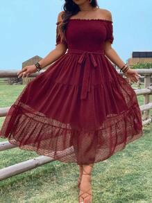 SHEIN Clasi Váy Plus Size dành cho nữ trong kỳ nghỉ hè kiểu dáng lệch vai Ruffles Lưới Hem - Màu Đỏ Sâu - Xem 6