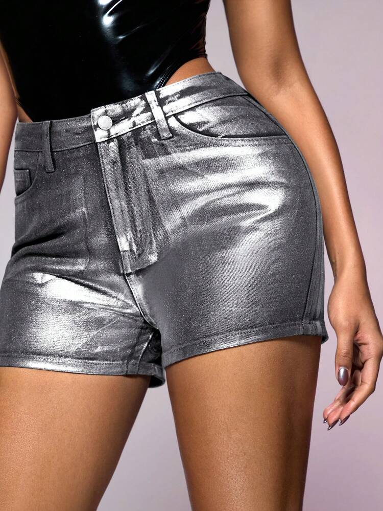Women's Metallic Tight High Waisted Denim Shorts&Jeans Shorts&Festival Outfits&Summer Bottoms&Women Shorts&Denim Overalls&Concert Outfits&High Waisted Jeans Shorts&Music Festival