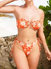SHEIN Swim Summer Beach Floral Printed Bandeau Bikini Set Bathing Suit - Multicolor - View 7
