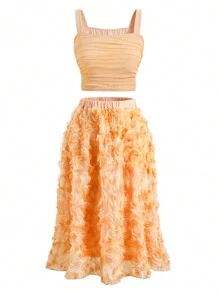 2 Stück Teenager Mädchen Falten Camisole Tank Top Und 3d Blume A-linie Rock
