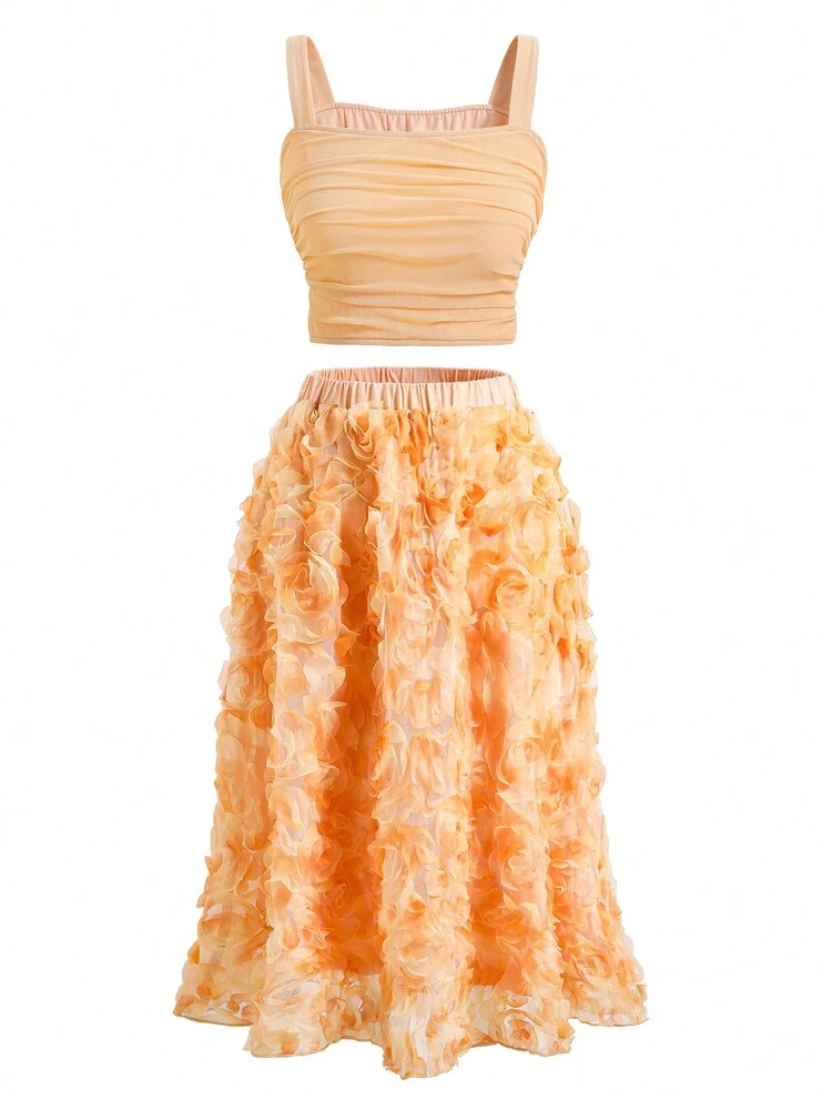 Teen Girl's Pleated Camisole Tank Top And 3d Flower A-Line Skirt 2pcs/Set