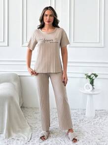 RueChic Slogan Printed Tshirt And Pant Lounge Set - Beige - View 4