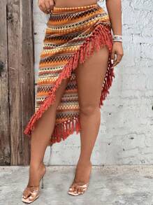 SHEIN LUNE 大碼拼色刺繡流蘇裙 - 彩色 - 查看 3