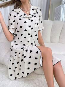 Snug Zone Heart Patterned Ruffle Collar Button Front Pajama Night Dress - Multicolor - View 3