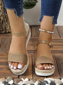 Nuevas sandalias de cuña de primavera/verano para mujer con suela de poliuretano ligera y decorada con cuerda - Caqui - Ver 4