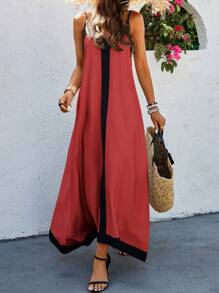 Selianne Vestido de tirantes de espagueti con bloque de color para mujer de vacaciones - Burdeos - Ver 3