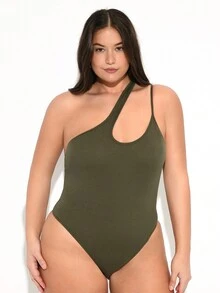 SHEIN BASICS 大码女式时尚纯色不对称无袖针织紧身连衣裤 - 墨綠色 - 查看 4