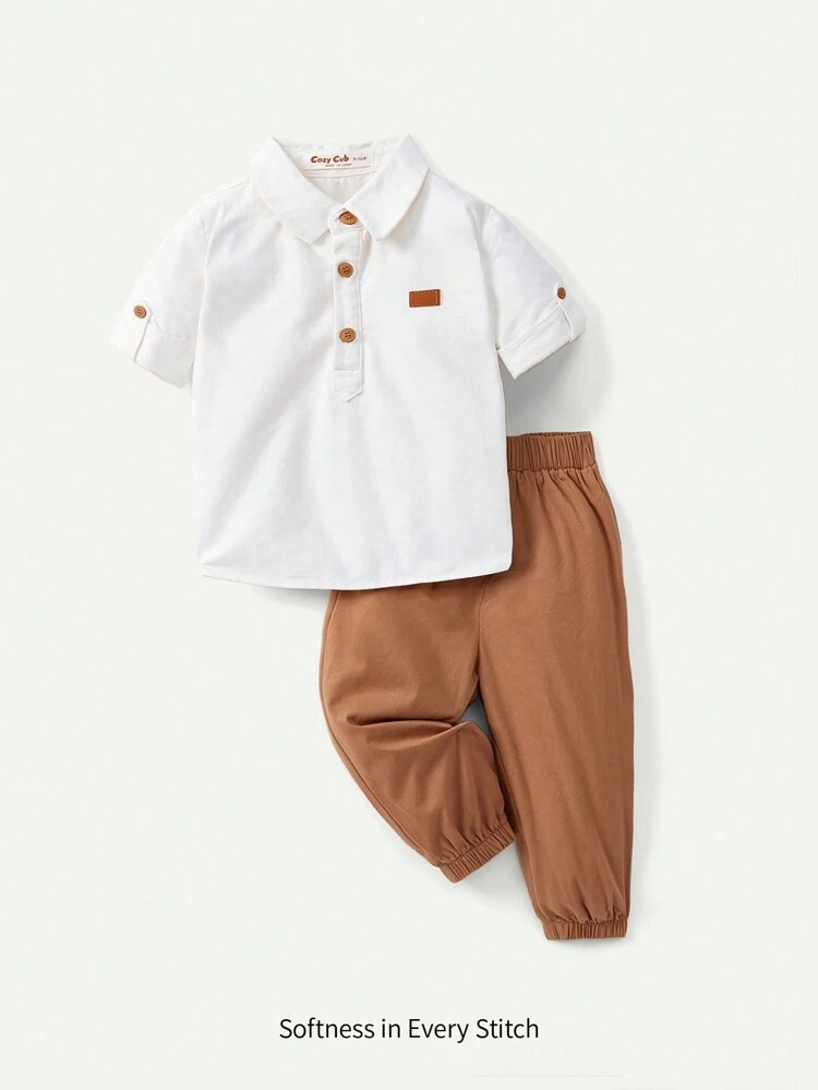 Baby Boy Decorated Chapter Lapel Casual Shirt Solid Color Trousers Two-Piece Set
