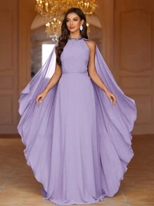 SHEIN Belle 斗篷袖圓領，擴腳晚禮服正式晚禮服女款 - 紫丁香色 - 查看 4