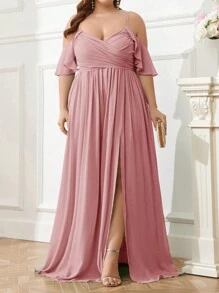SHEIN Belle Plus Size Chiffon Bridesmaid Dress With Shoulder Cut-Out, Pleated Front, Waist Belt, High Slit And Cami Straps Elegant Dress - Dusty Pink - View 7