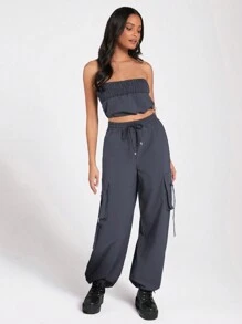 Forever 21 女士純色包裹背心加上翻蓋口袋長褲套裝 - 灰色 - 查看 3