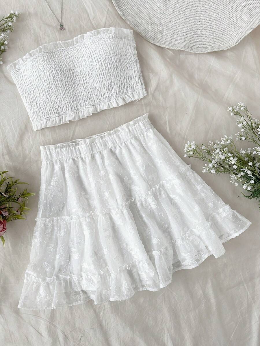 Soleia Women's 2pcs Frill Edge Wrap Crop Top And A-Line Skirt Set - White - View 1