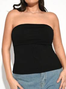 Plus Size 2pcs/Set Sport Solid Color Knitted Bandeau Top For Summer - Black - View 6