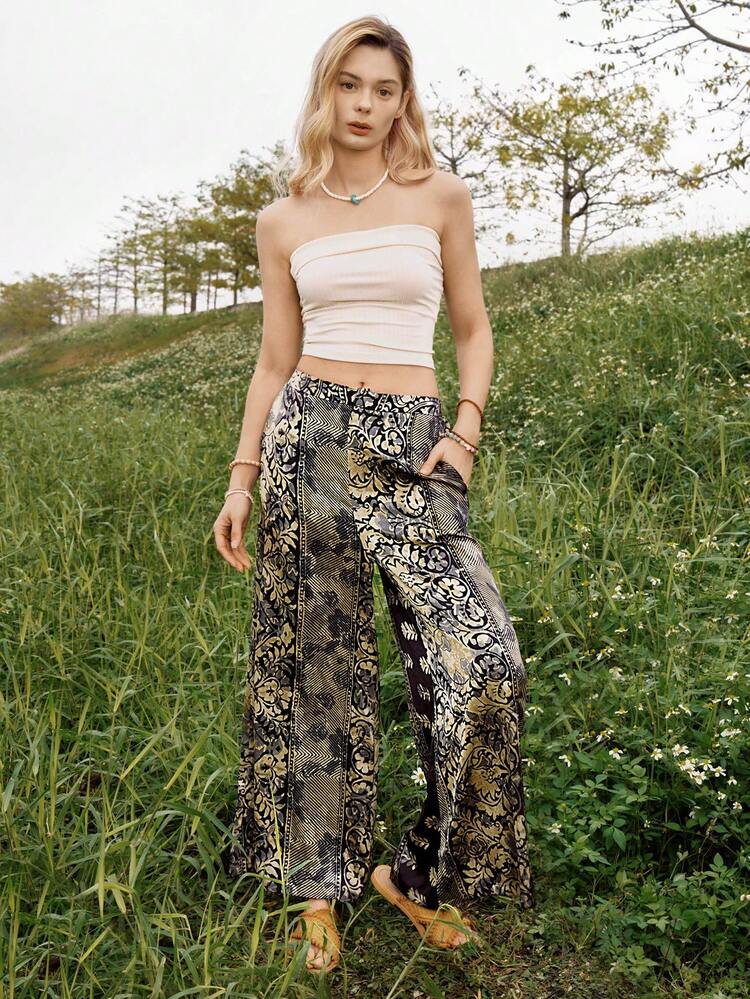 Boho Retro Print Casual Loose Spring And Summer Matching Women's Trousers Beach Pants