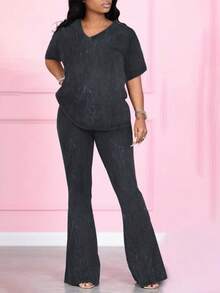 LovelyWholesale 2件套大码女式V领短袖上衣和裤子