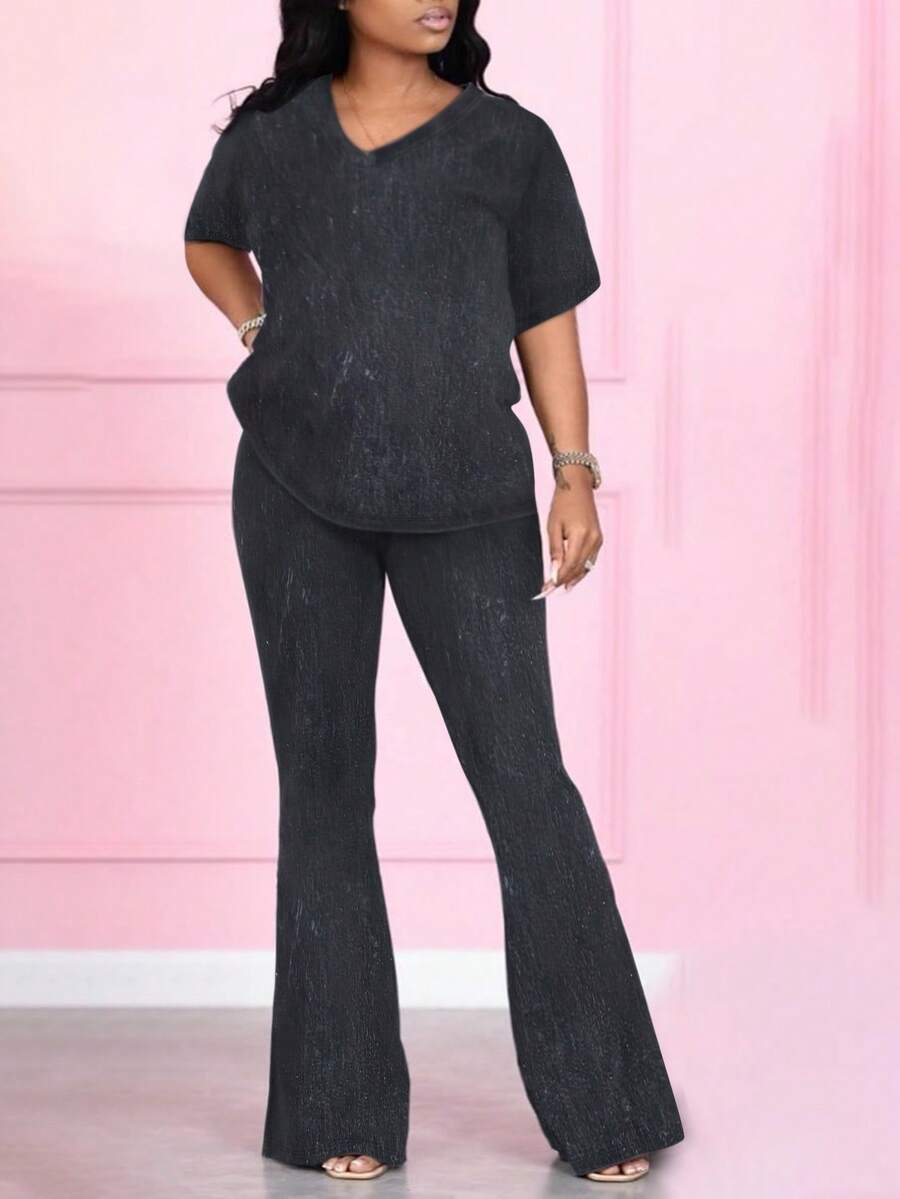 LovelyWholesale 2件套大码女式V领短袖上衣和裤子