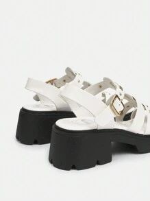 Sandalias de mujer con tacones gruesos, zapatos de estilo metálico para vacaciones de verano - Blanco - Ver 10