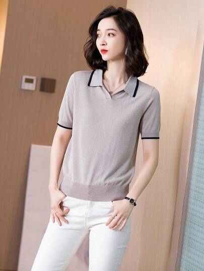 Color Block Knitted Sweater T-Shirt With Contrast Trimmed Turn-Down Collar