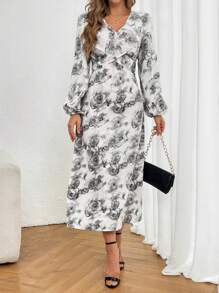 Modelyn Spring Casual V-Neck Lantern Sleeve Floral Print Dress - Grey - View 4