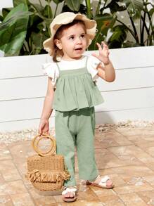 SHEIN Conjunto Casual De 3 Piezas Para Niña, Top Con Volantes En Las Mangas, Tirantes Y Pantalones Largos Con Cintura Elástica