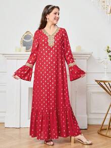 SHEIN Vestido casual largo con mangas acampanadas y ribetes de encaje de parches metálicos para niña adolescente - Rojo - Ver 4
