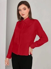 Modelyn Solid Color Fringed Collar Long Sleeve Shirt For New Year Clothes Fall Cloth For Women - Red - View 4