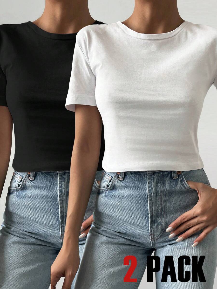 EURMUSE 2 Stücke schlichte weiße und schwarze Rundhals-T-Shirts mit lässiger Passform und kurzen Ärmeln für Damen - Verschiedenfarbig - Übersicht 1
