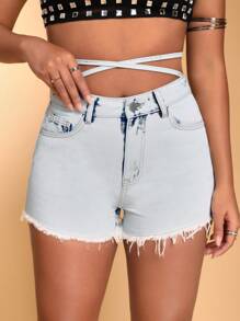 SHEIN BAE Women's Cross Waist Raw Edge Denim Shorts With Knot Detail