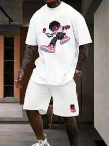 Conjunto De Camiseta E Shorts Com Estampa De Desenho Animado Para Homens No Verão