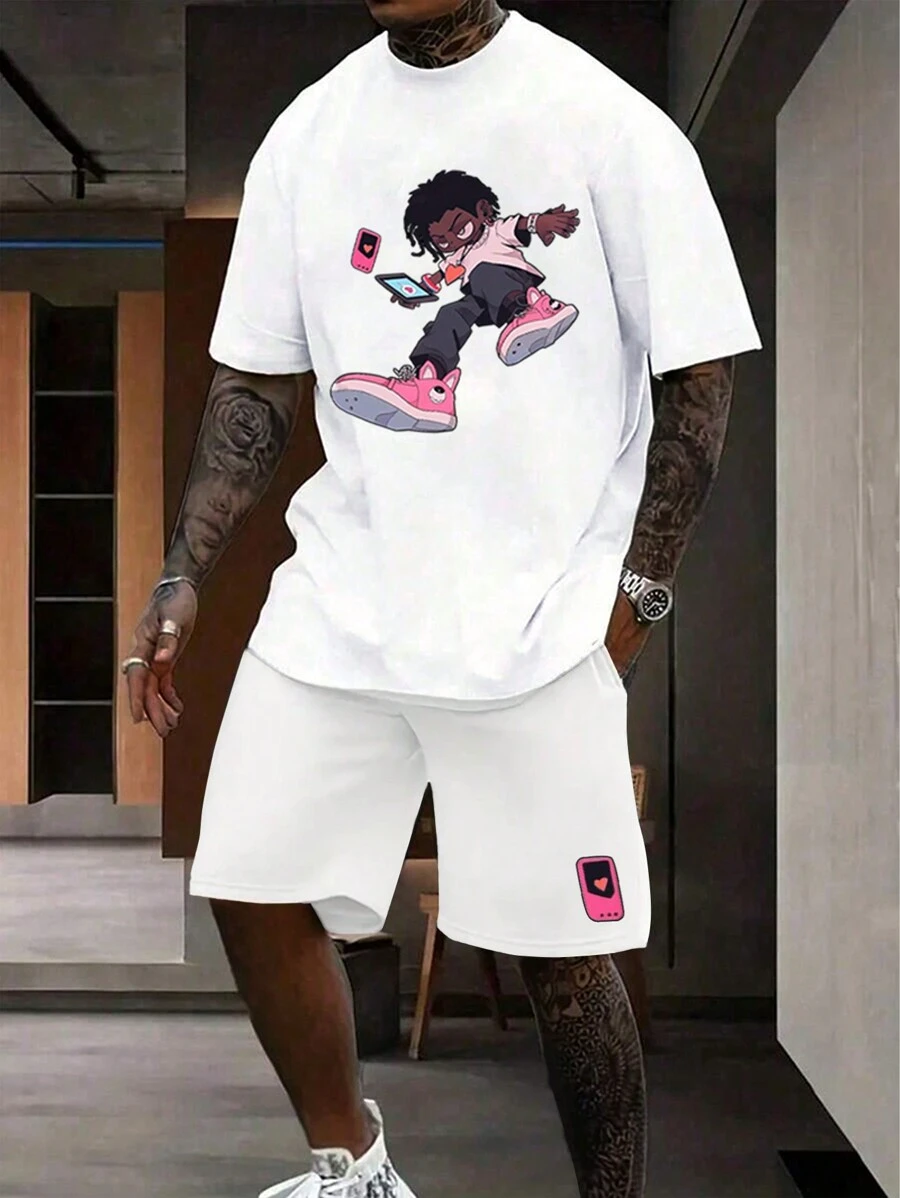Conjunto De Camiseta E Shorts Com Estampa De Desenho Animado Para Homens No Verão