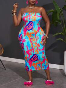 Slaydiva Plus Size Holiday Leisure Stretchy Knit Colorful Water Ripples Printed Strapless Bodycon Dress, For Summer