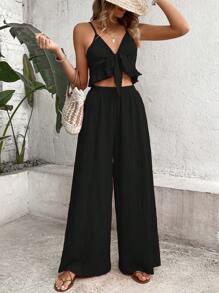 Breezaya 休閒夏季度假細肩帶背心背帶和寬鬆闊腿褲 - 黑色 - 查看 3