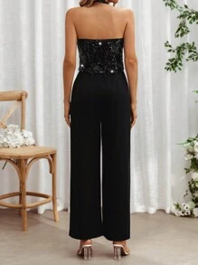 SHEIN Frenchy Dames zomer jumpsuit met patchwork wijde pijpen en halterhals geschikt voor feestjes, concert dameskleding, dames rompertjes, dames jumpsuits, rugloze jumpsuit, zwarte jumpsuit