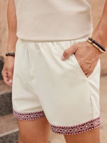 Manfinity VCAY Men's Casual Weaving Shorts With Pockets, Geometric Printed Patchwork Graphic Vacation Color Block Shorts, For Husband, Boyfriend Gifts