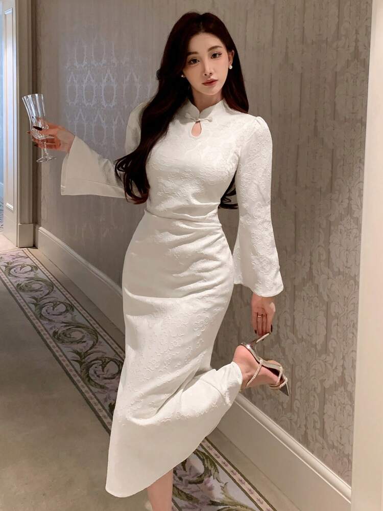 Stand Collar Buttons Decor Bell Sleeve Mermaid Cheongsam Dress, Birthday Prom Dress,Fall Dress Long Sleeve Dress Elegant Women Dresses Maxi Dress