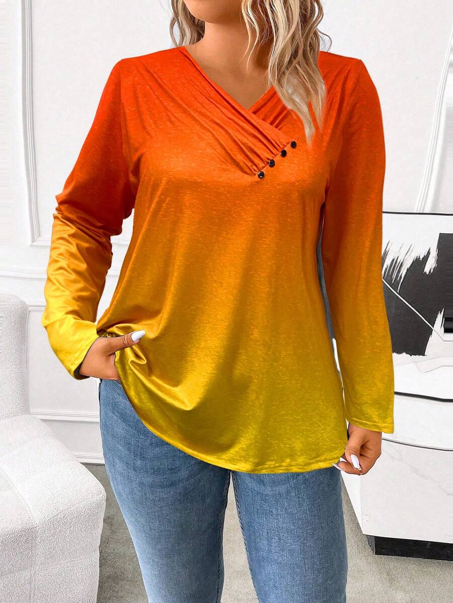SHEIN LUNE Kích thước lớn Bóng Chi tiết Nút Áo thun - Màu vàng - Xem 1