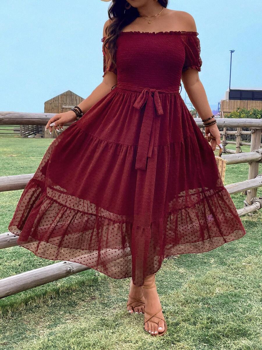 SHEIN Clasi Váy Plus Size dành cho nữ trong kỳ nghỉ hè kiểu dáng lệch vai Ruffles Lưới Hem - Màu Đỏ Sâu - Xem 1