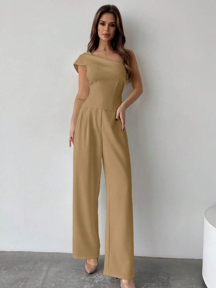 Firerie Ladies Solid Color Asymmetric Collar Top And Pants Two Pieces Set - Khaki - View 1