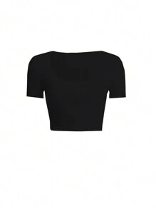 INAWLY Women's Solid Color Cropped Tee With Big Round Neckline - Multicolor - View 3