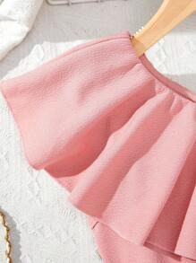 Sparklyn Tween Girls Solid Color Asymmetrical Shoulder Ruffle Trim Belted Flared Jumpsuit - Pink - View 5