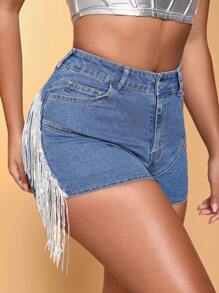 SHEIN BAE 女性流行夏季牛仔短褲,帶有亮片和流蘇設計