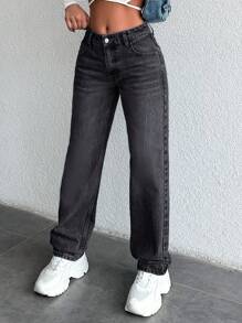 EURMUSE Casual Cat Whisker Washed Straight-Leg Jeans With Slanted Pockets - Hitam - View 5