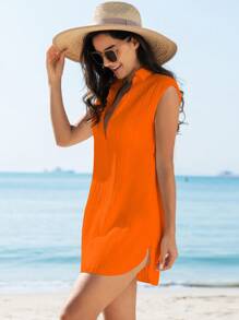 Swim Vcay 女士夏季服装 女士纯色翻领罩衫 适合夏季海滩