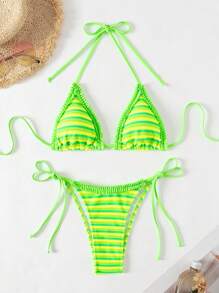 SHEIN Swim Bộ bikini sọc ngang cổ áo mùa hè dành cho nữ dành cho kỳ nghỉ ở bãi biển - màu xanh lá - Xem 1