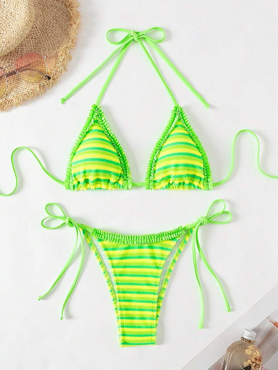 SHEIN Swim Bộ bikini sọc ngang cổ áo mùa hè dành cho nữ dành cho kỳ nghỉ ở bãi biển - màu xanh lá - Xem 1