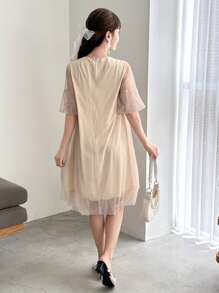 FRIFUL Designer Ladies" Solid Color Round Neck Sheer Mesh Short Sleeve Japanese-Style Sweet Dress With Design Sense Sundress,Casual Women Dresses - Apricot - View 5