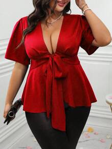 Celure Plus Size Solid Color Deep V-Neck Tie Front Shirt For New Year Clothes Peplum Top - Red - View 1
