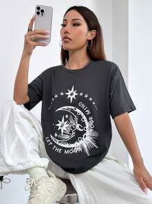 Flirla Camiseta De Manga Corta Con Cuello Redondo Y Patrón De Estrellas Y Lunas, Perfecta Para Usar Durante El Verano