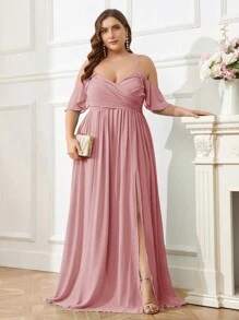 SHEIN Belle Plus Size Chiffon Bridesmaid Dress With Shoulder Cut-Out, Pleated Front, Waist Belt, High Slit And Cami Straps Elegant Dress - Dusty Pink - View 6